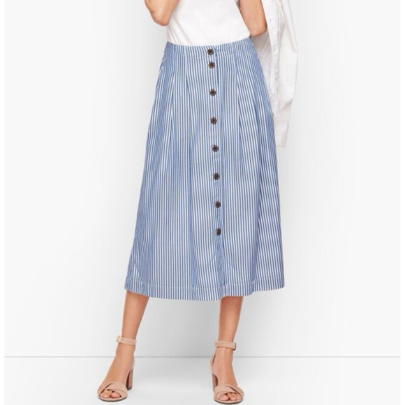 Talbots Stripe Button Front Pleated Midi A-Line Skirt in Blue White Size 8 - Picture 1 of 6